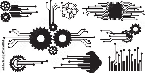 Industrial gears and circuits in black and white illustration style