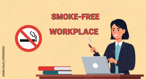 Businesswoman working at a smoke free office desk with a laptop and books