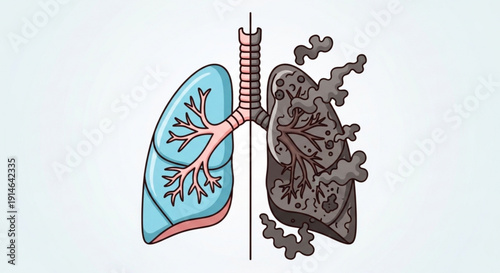 Healthy and diseased lungs comparison illustration of respiratory system damage from pollution or smoking concept for medical awareness