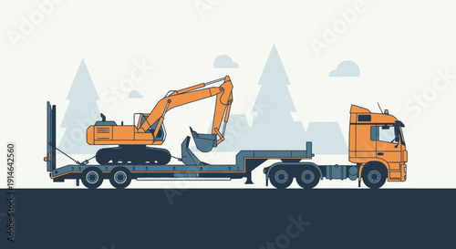 Heavy Machinery Transported By Truck Flat Design Illustration