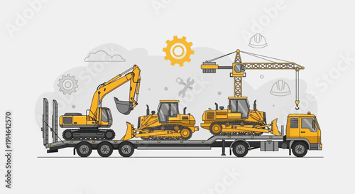 Heavy Machinery Transported By Truck On A Flatbed Construction Vehicles Ready For Work