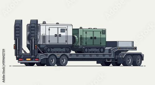 Heavy Machinery Transported On Lowboy Trailer For Industrial Projects