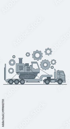 Heavy Machinery Transported On Flatbed Truck With Industrial Gears Overhead Illustration