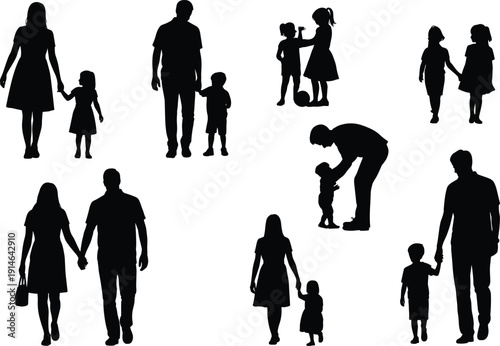Set of black silhouettes showing parents holding hands with children, couples walking, and family moments for parenting and community themes. (20 words)