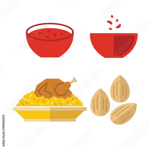 Saudi Chicken Kabsa Rice and Dakkoos Sauce Icon Set