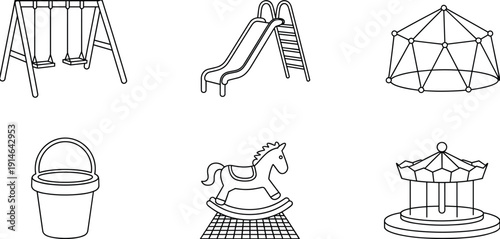 Set of playground equipment line icons including swing, slide, climbing dome, sand bucket, rocking horse, and carousel for children park. (20 words)