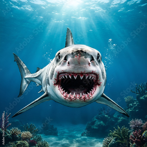 great white shark with open mouth and sharp teeth underwater