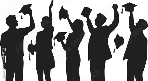 Set of black graduation silhouettes of students celebrating with caps and diplomas, perfect for education, university success, and commencement ceremonies. (20 words)