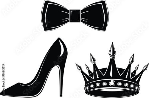 Black and white vector illustration set featuring a formal bow tie, elegant high heel stiletto shoe, and a royal crown.