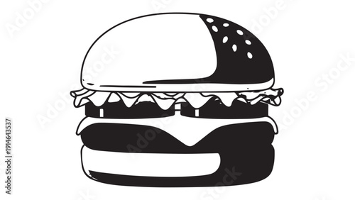 Cartoon hamburger illustration featuring a cheeseburger patty between buns in simple black and white style.