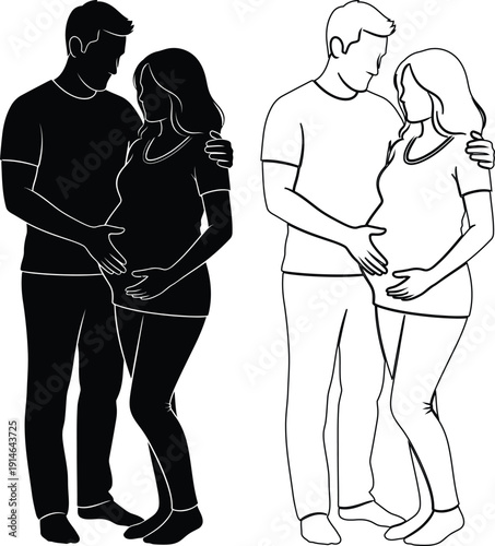Couples experiencing pregnancy together in a supportive and affectionate manner