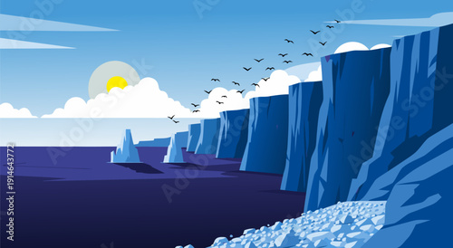 Stunning vector illustration of a serene Arctic landscape with icy cliffs, a gentle sun, and soaring birds