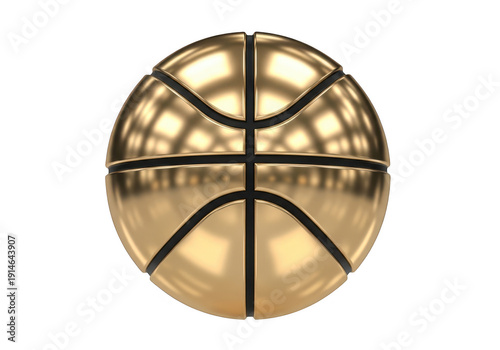 A shiny golden basketball with black seams for sports concepts isolated on transparent background