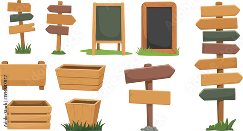 Set of wooden directional signs, blank notice boards, and rustic crates for garden landscaping, camping wayfinding, and outdoor farm design elements. (20 words)