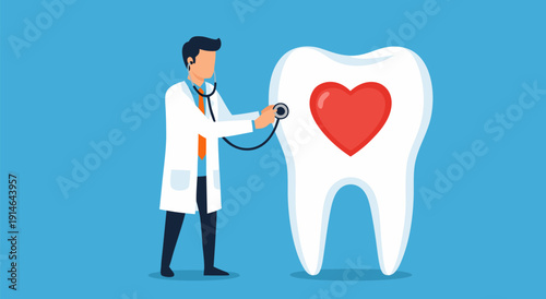 Vector illustration of a dentist with a stethoscope examining a healthy tooth with a heart symbol, symbolizing dental care and health