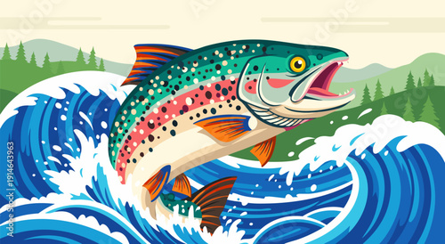 Vibrant Rainbow Trout Leaping from Water - Vector Illustration for Fishing and Nature Enthusiasts