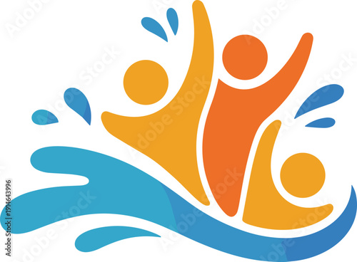 Abstract vector illustration of happy people jumping in water waves with blue splashes, representing summer fun, community, and healthy lifestyle. (20 words)