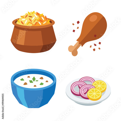 Chicken Biryani Rice and Side Dish Icon Set