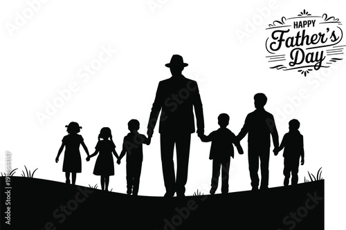 Black Silhouette of a Father Walking with Six Children in a Field with Happy Father’s Day Text for Greeting Card