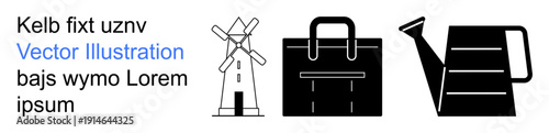 Agriculture, business, irrigation, sustainability, travel, and design. Minimalist icons of a windmill, briefcase and watering can. Agriculture and business simply