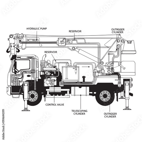 Technical schematic illustrating a truck's engine, hydraulic system, and component connections.