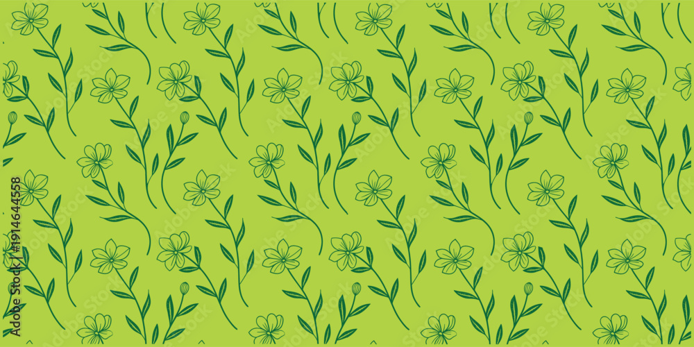 Fototapeta premium Seamless green floral pattern with delicate leaves and blooming branches on a vibrant background. Fresh botanical wallpaper design for textile, wrapping paper and surface . 
