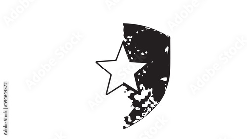 Abstract black shield badge with white star icon and distressed texture design.