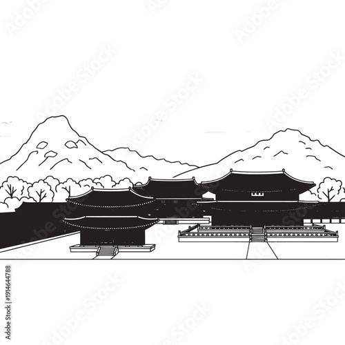 Traditional Asian temple complex with mountains and pagoda.