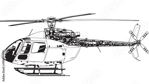 Seamless line drawing of a helicopter in flight with detailed rotor and tail rotor.