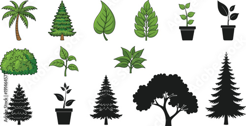 Professional nature icon collection featuring hand-drawn trees, pine trees, palm trees, potted plants, and botanical silhouettes for landscape and ecological design