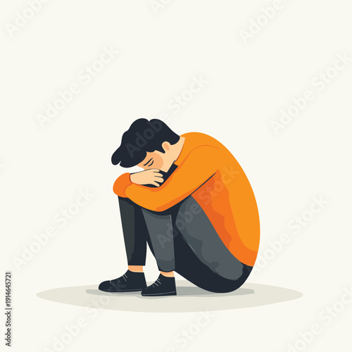 Depressed sad man thinking over problems. Loss, crisis, trouble concept , vector style simple color