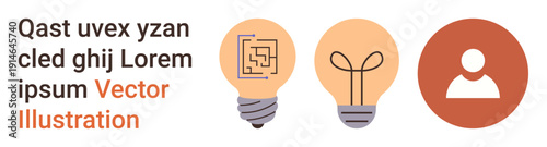 Innovation, problem solving, creative thinking, user ideas, brainstorming, productivity. Two light bulbs with maze and filament plus user icon. Innovation and problem solving visually