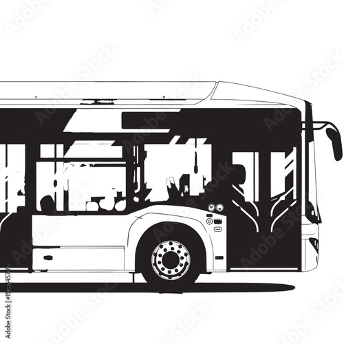 Side View Silhouette of Modern Public Transit Bus in Black and White.
