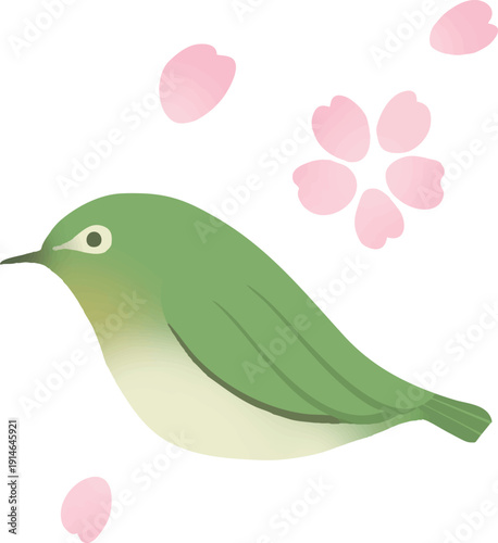 桜とメジロのベクターイラスト　春の和風フラワーと小鳥の素