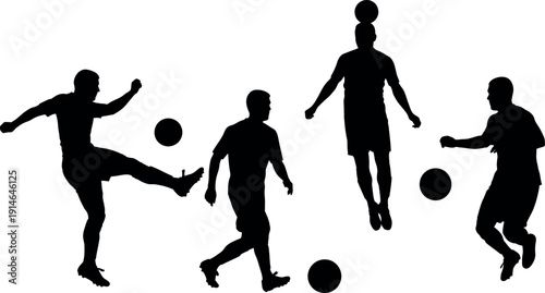 Silhouette of four soccer players in action kicking and playing with balls