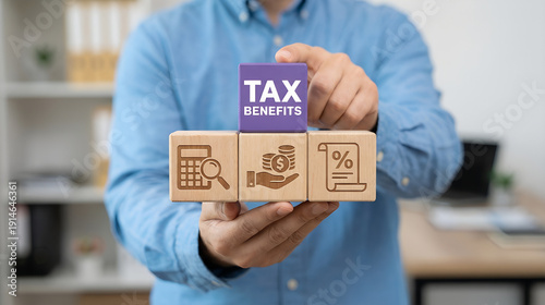 TAX BENEFITS. Concept of business, finance and tax. Time to pay tax in year. Planning budget. Tax benefits of accounting 