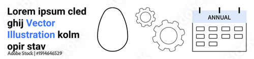 Productivity, workflow, planning, conceptual design, annual events, industrial processes. Minimal text, egg shape two gears and annual calendar icon. Productivity and workflow concept