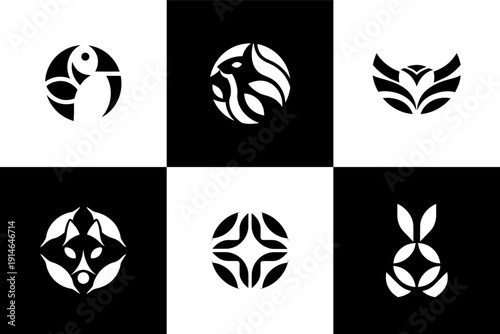 Minimalist Animal and Bird Logo Set - Abstract Geometric Circular Icons featuring Falcon, Rabbit, Fox, and Owl Portraits in Black and White