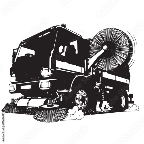 Industrial street sweeping truck operating on an urban street during cleanup.