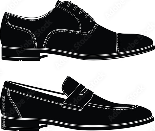 Black leather formal shoes silhouette set including lace up oxford and loafer styles isolated on white background representing men footwear fashion business elegance illustration