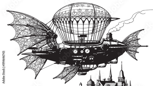 Whimsical steampunk airship with ornate balloon and mechanical wings over a city skyline.