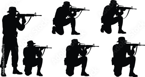 Black silhouette military soldiers aiming rifles in kneeling and standing combat positions isolated on white background tactical security illustration vector set defense concept