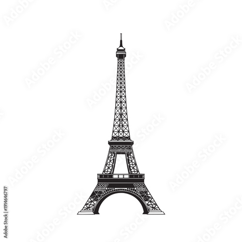 Illustration of the Eiffel Tower silhouette in a clear black-and-white design, highlighting architectural detail and iconic Parisian landmark quality.