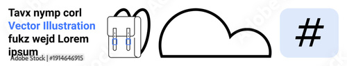 Minimalist backpack, abstract cloud, and metadata tag line art. Ideal for travel, storage, technology, social media, data, cloud computing simple landing page