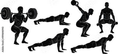 Fitness exercise silhouette set showing strength training workouts with barbell squats, kettlebell swings and push ups, athlete gym poses for power, cardio, endurance training
