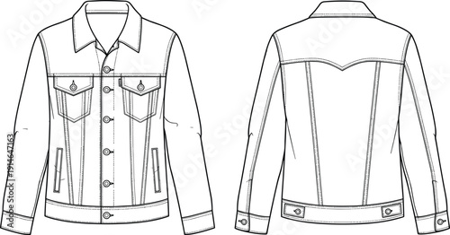 Front and back technical line drawing of classic denim jacket with long sleeves, button closure, pockets, seams, apparel fashion illustration template