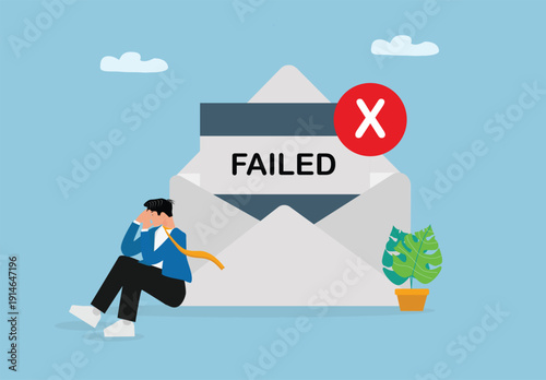 Business Failure Concept Illustration with Person Sitting in Stress Beside Large Envelope Showing Failed Message