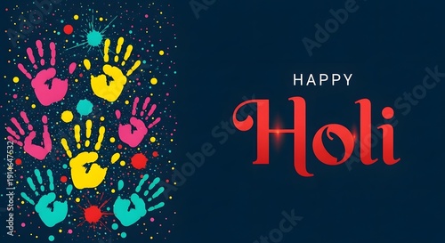 Vibrant holi celebration with colorful handprints and text