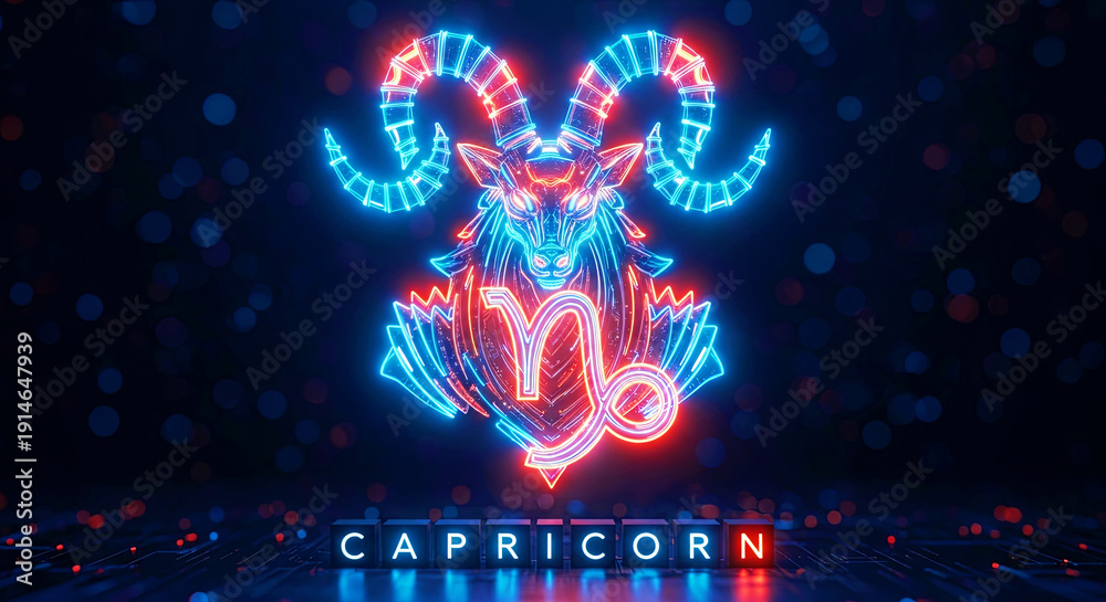 Fototapeta premium Neon bright capricorn zodiac sign with glowing horoscope symbol and futuristic effect. Astrology and horoscope prediction concept for calendar.