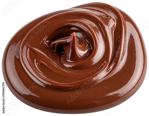 Swirl of glossy, dark brown chocolate spread with a peak on a white background